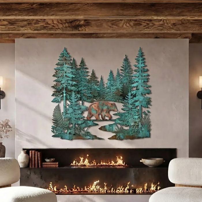 Bear and Pine Forest Metal Wall Art