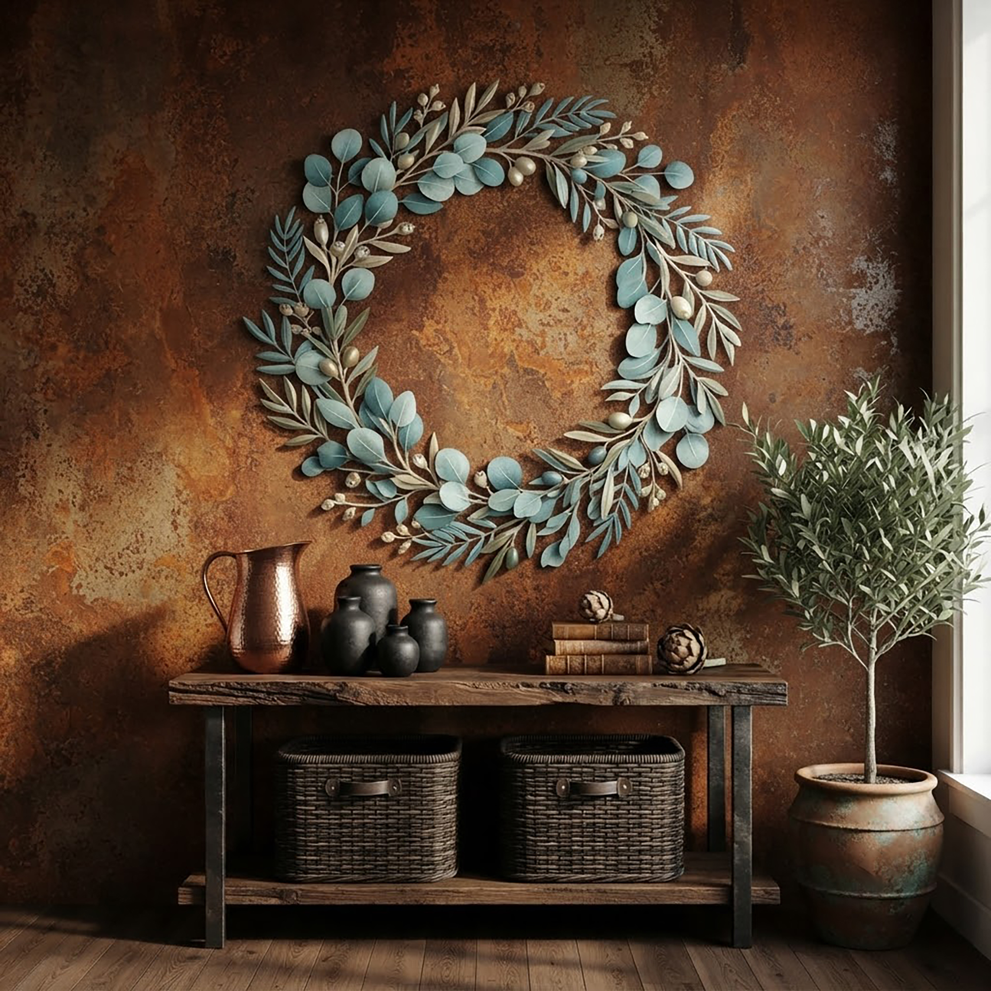 Eucalyptus and Olive Branch Metal Wall Wreath - product view 2