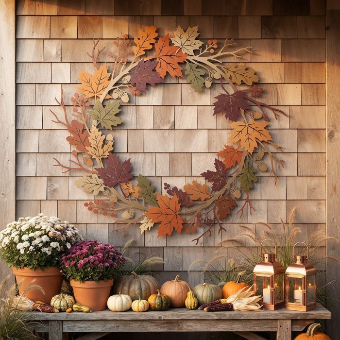 Autumn Leaf and Acorn Metal Wall Wreath