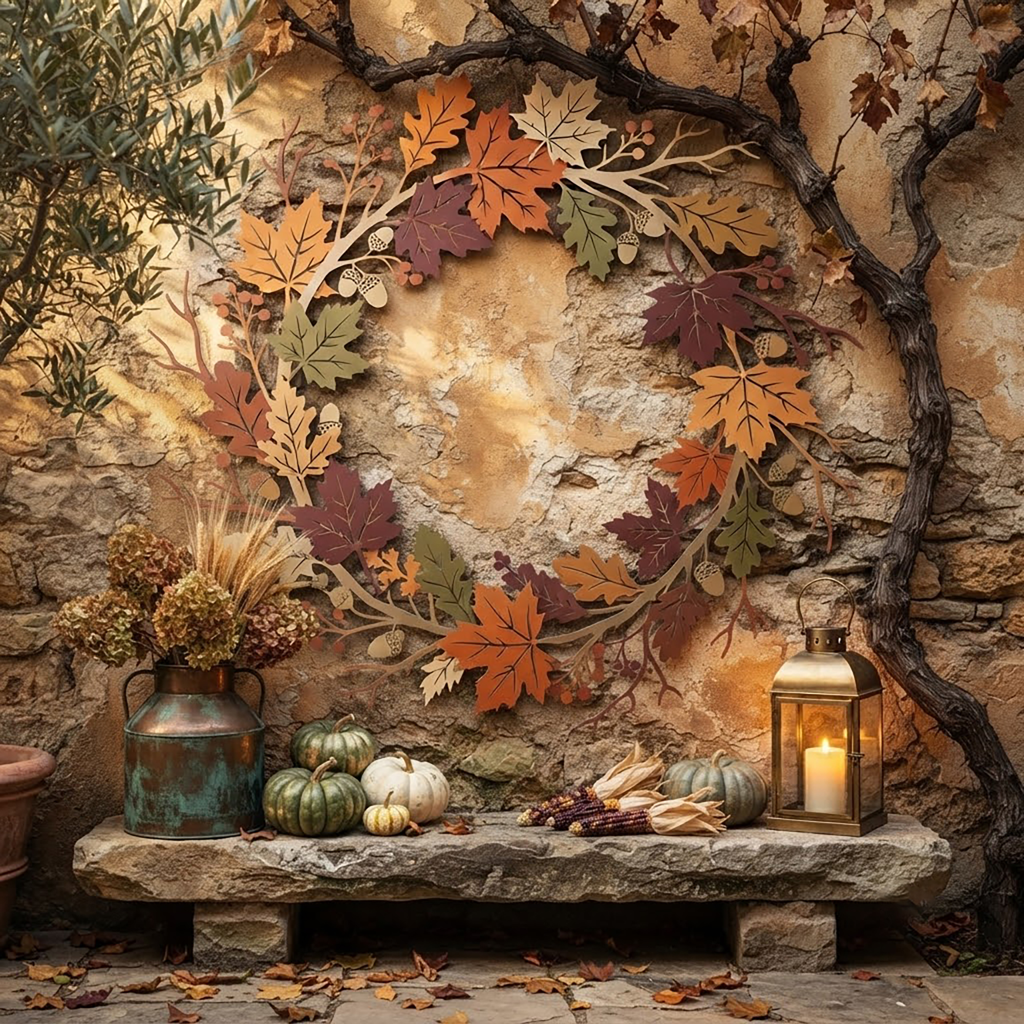 Autumn Leaf and Acorn Metal Wall Wreath - product view 2