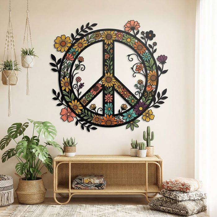 Floral Peace Sign Metal Wall Art