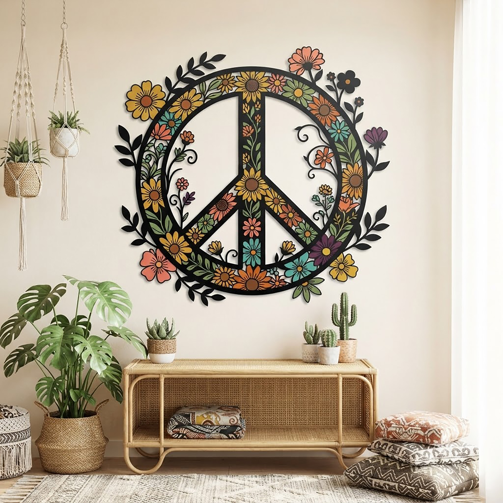 Floral Peace Sign Metal Wall Art