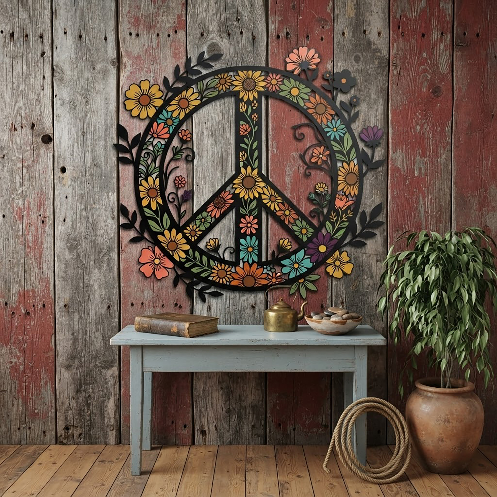 Floral Peace Sign Metal Wall Art - product view 2