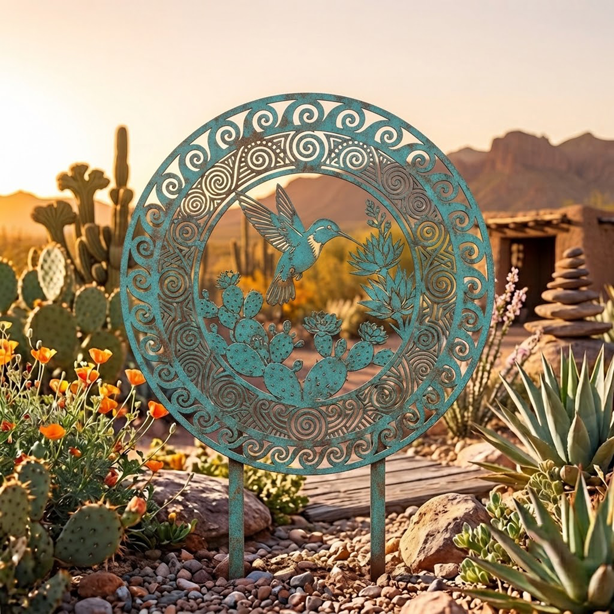 Southwest Hummingbird Metal Garden Stake