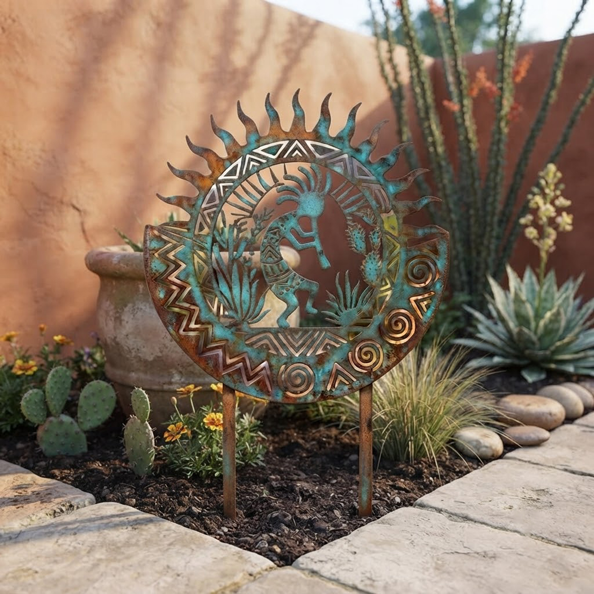 Southwest Kokopelli Sun Metal Garden Stake