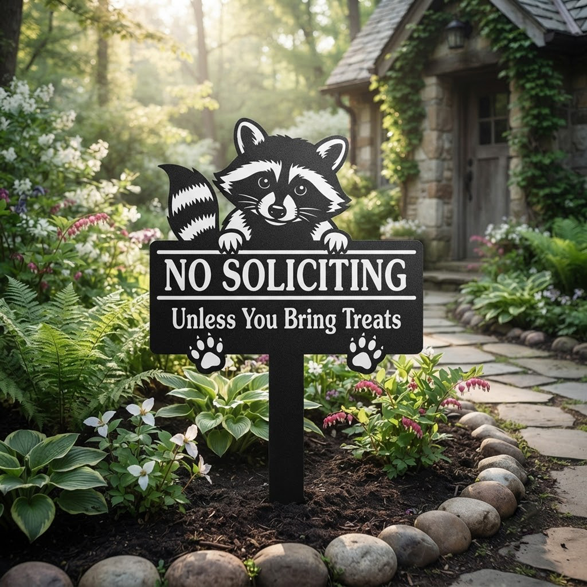 Funny Raccoon No Soliciting Garden Sign