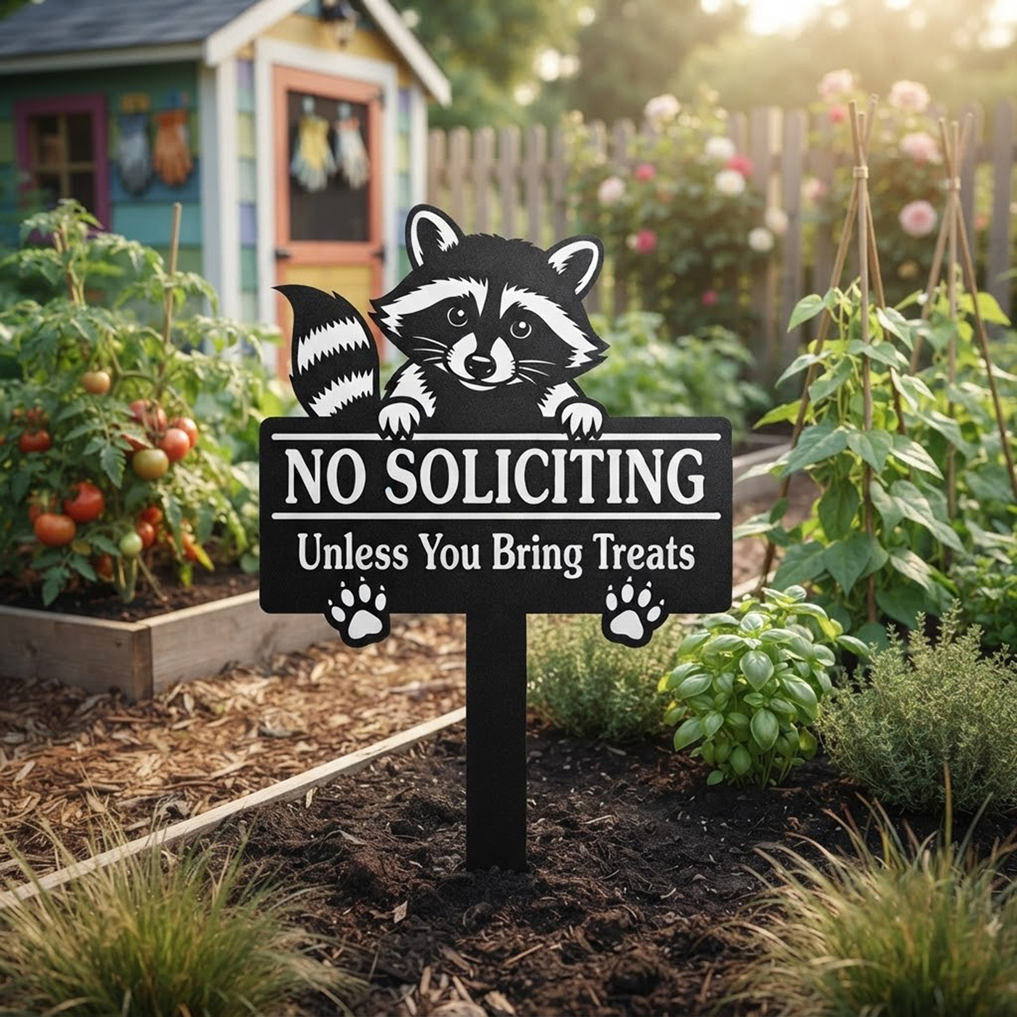 Funny Raccoon No Soliciting Garden Sign - product view 2
