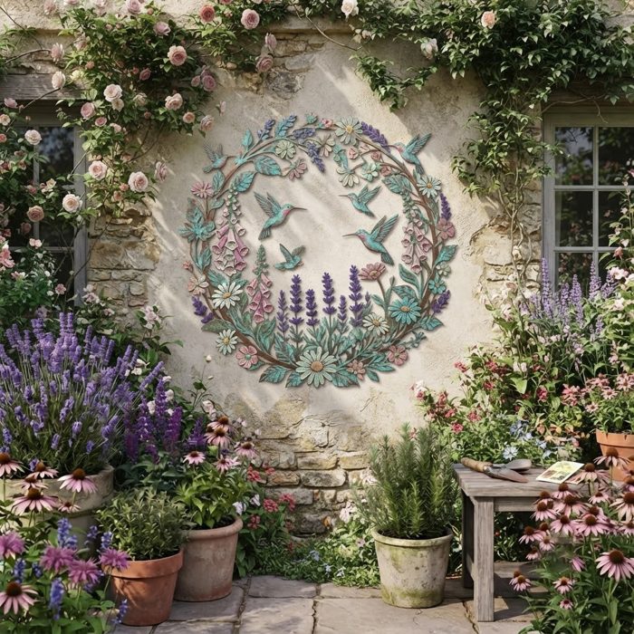 Hummingbird Floral Wreath Metal Wall Art