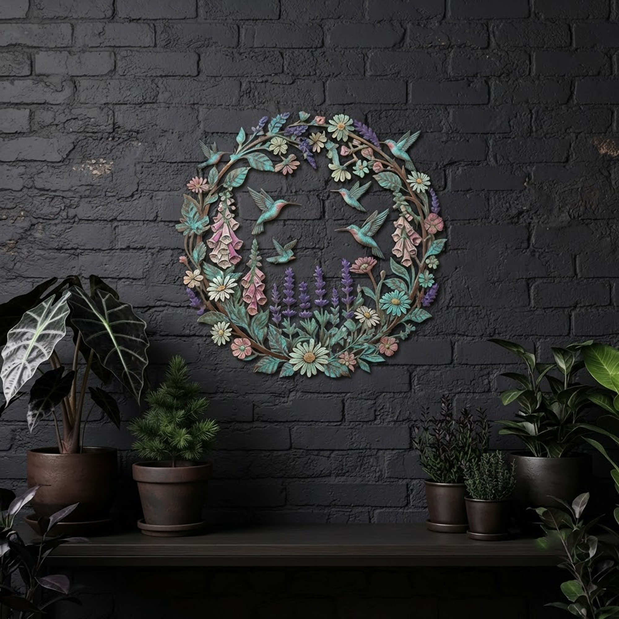 Hummingbird Floral Wreath Metal Wall Art - product view 2