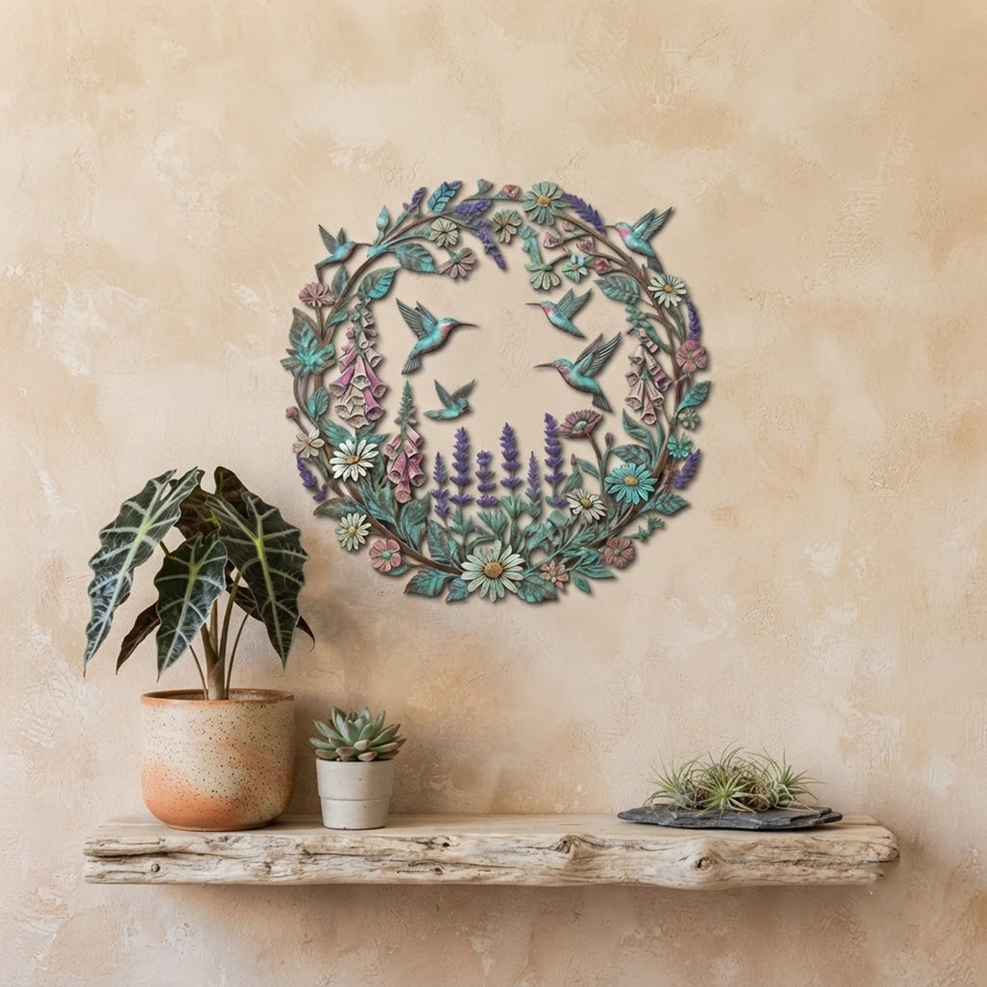 Hummingbird Floral Wreath Metal Wall Art - product view 3