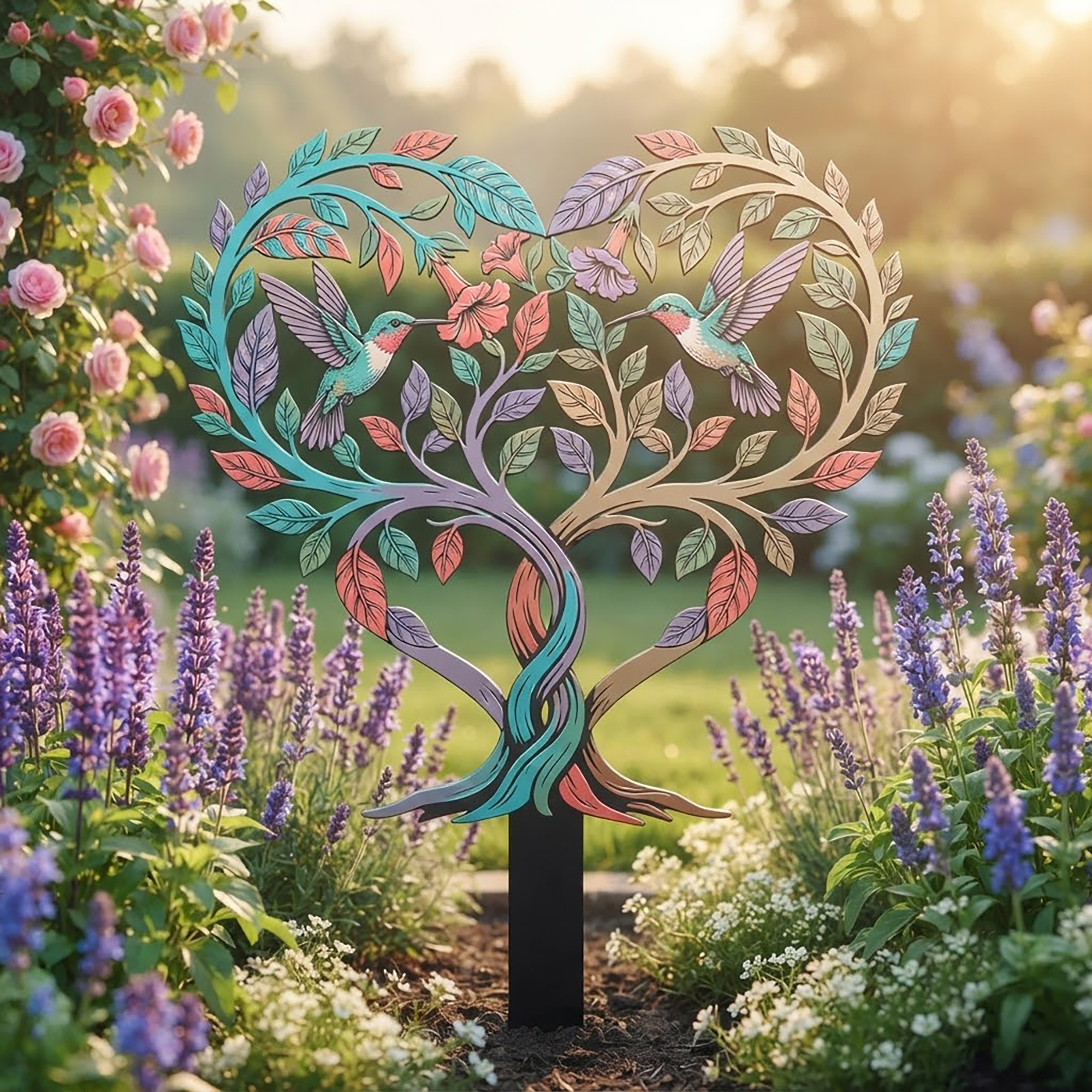 Hummingbird Heart Tree Garden Stake