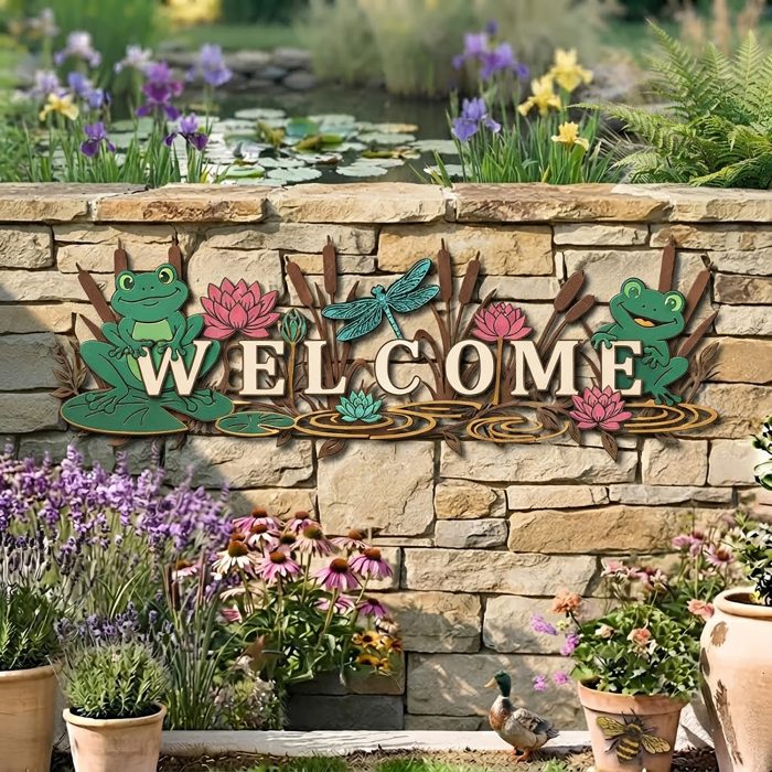 Welcome Frog Garden Metal Sign