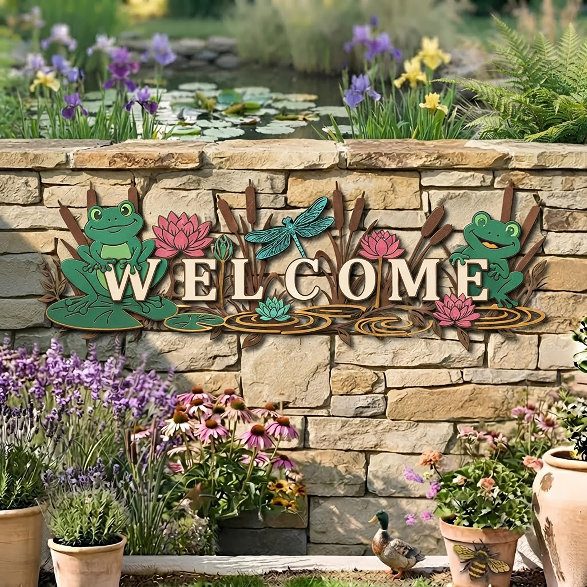 Welcome Frog Garden Metal Sign