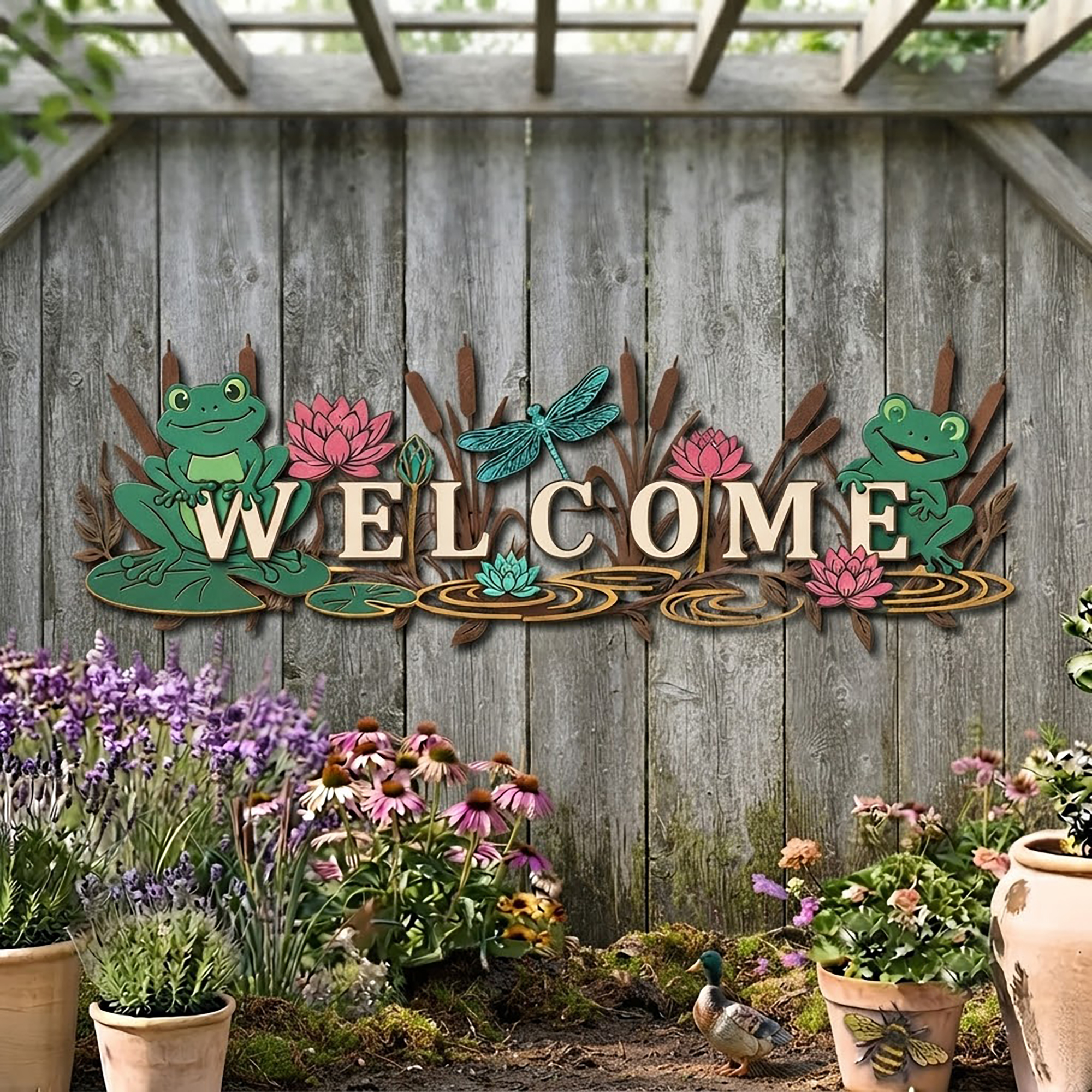 Welcome Frog Garden Metal Sign - product view 2