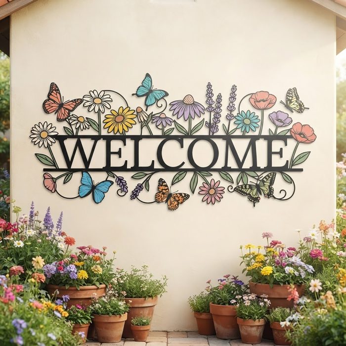 Welcome Wildflower Butterfly Metal Sign