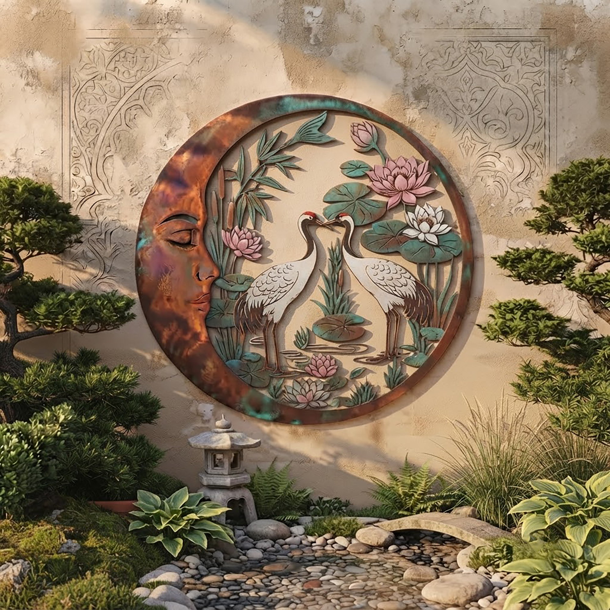 Moon and Crane Metal Wall Art