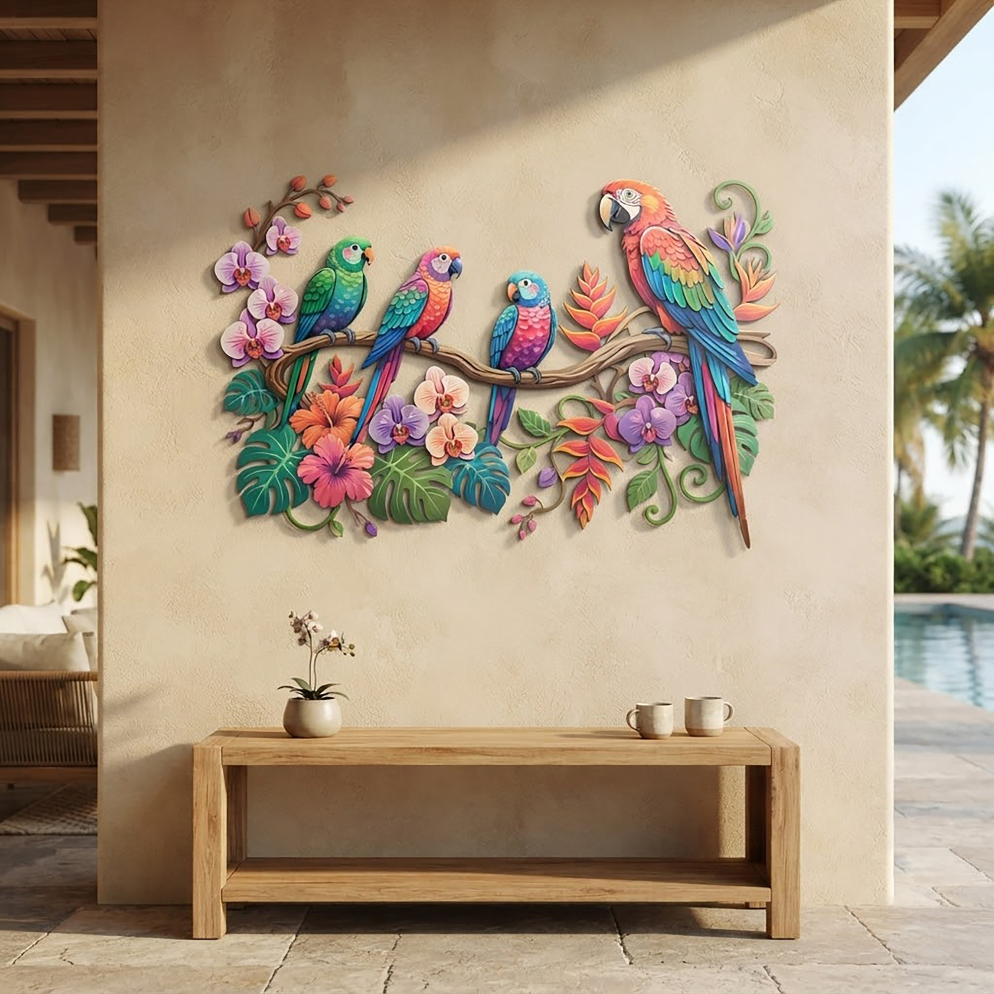 Colorful Parrot Family Metal Wall Art