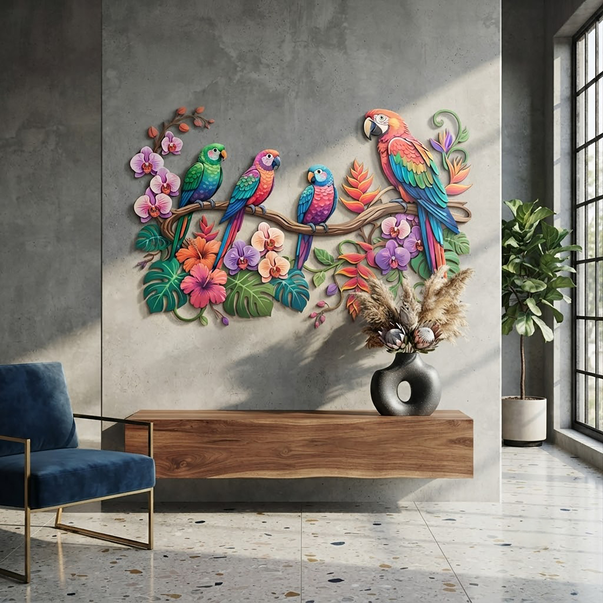 Colorful Parrot Family Metal Wall Art - product view 2