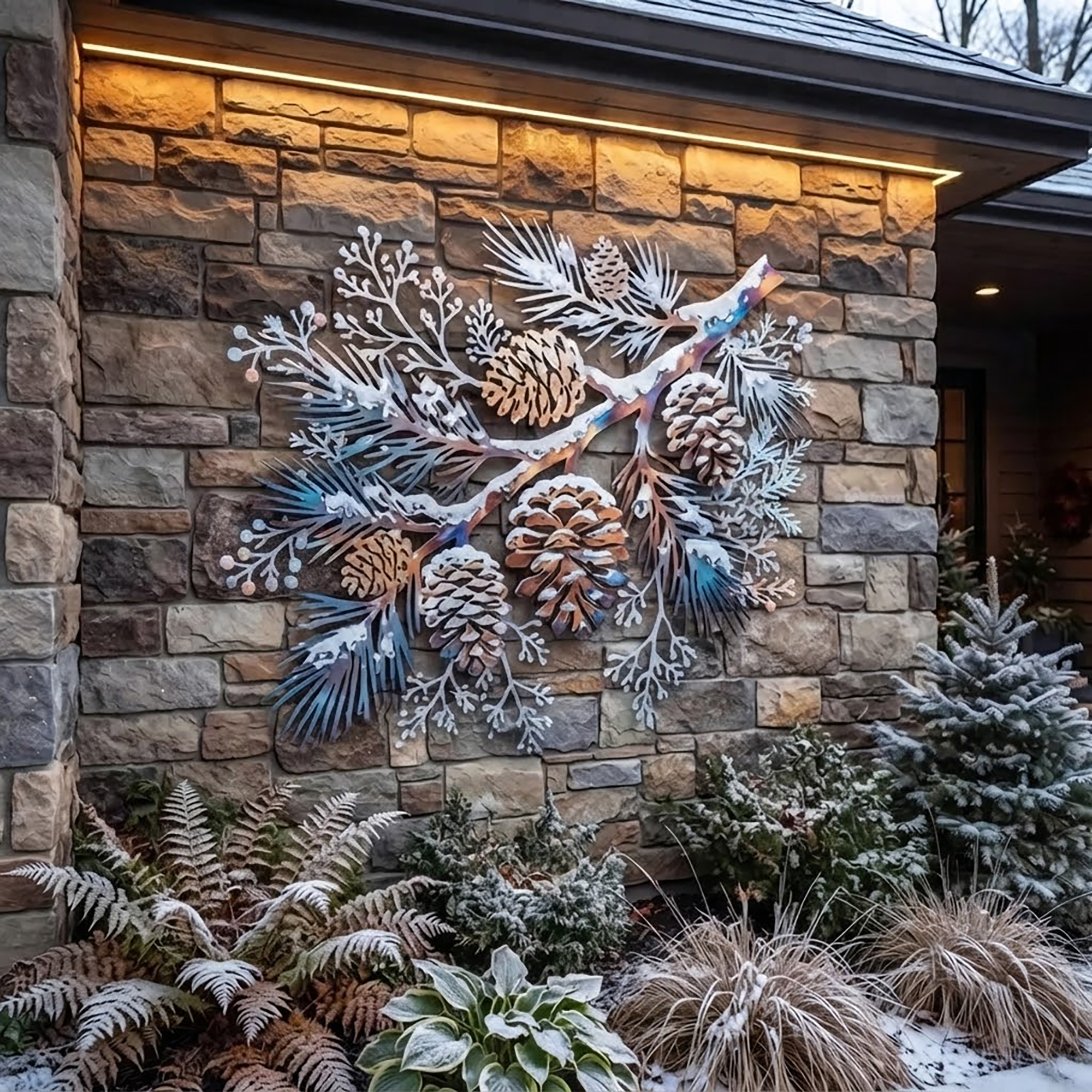 Snowy Pine Cone Metal Wall Art
