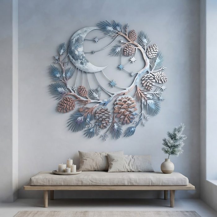 Crescent Moon Pine Cone Metal Wall Art