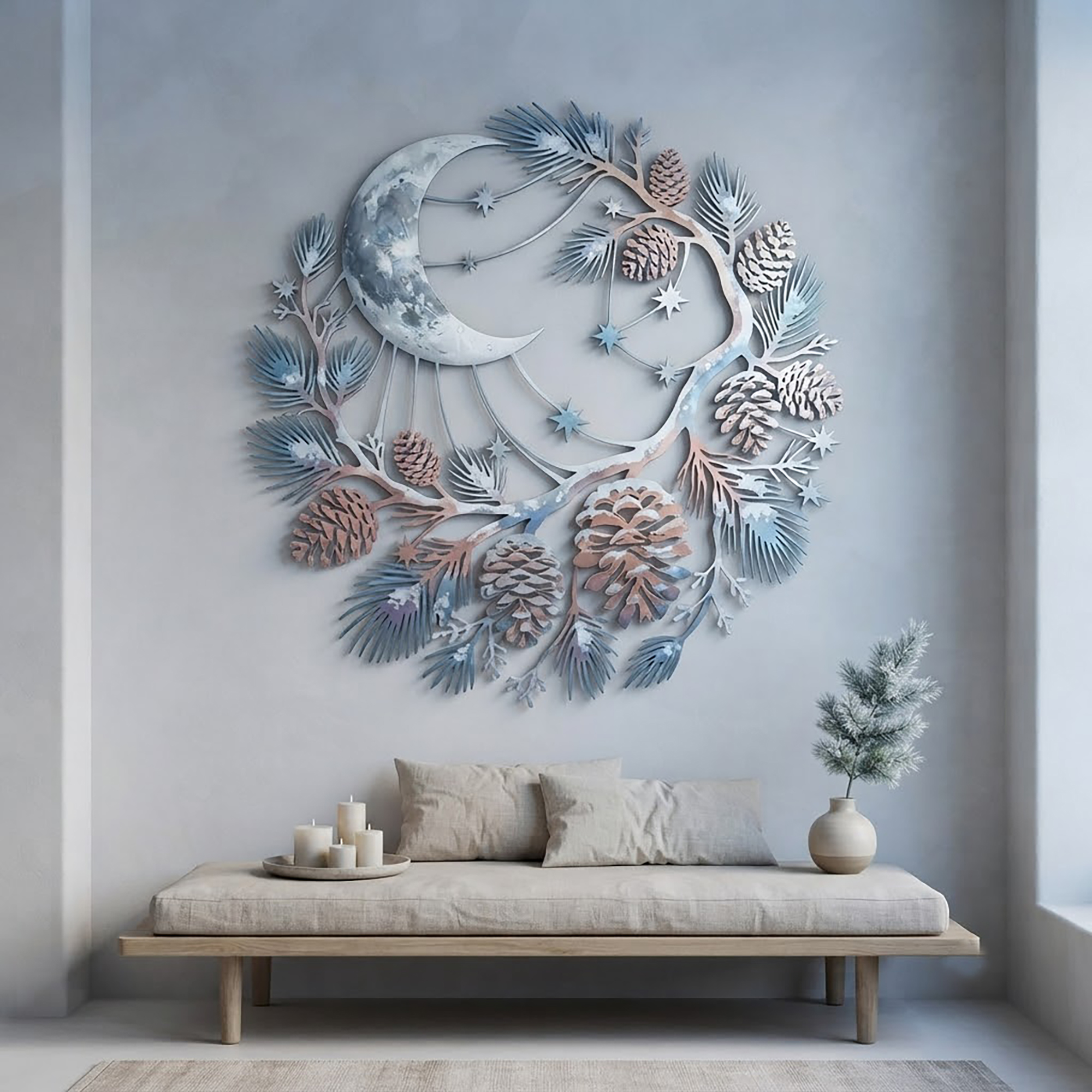 Crescent Moon Pine Cone Metal Wall Art