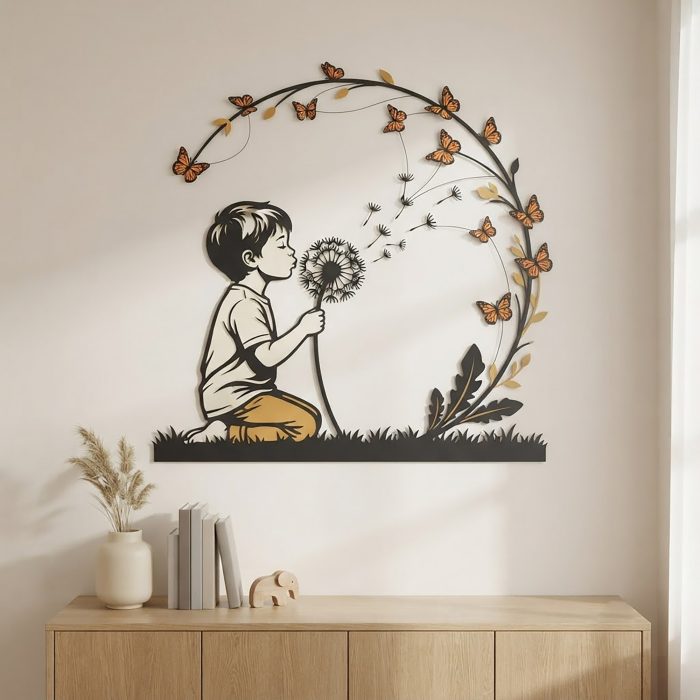 Boy and Dandelion Metal Wall Art