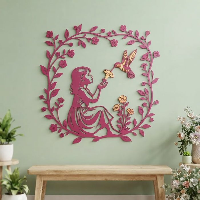 Girl and Hummingbird Metal Wall Art