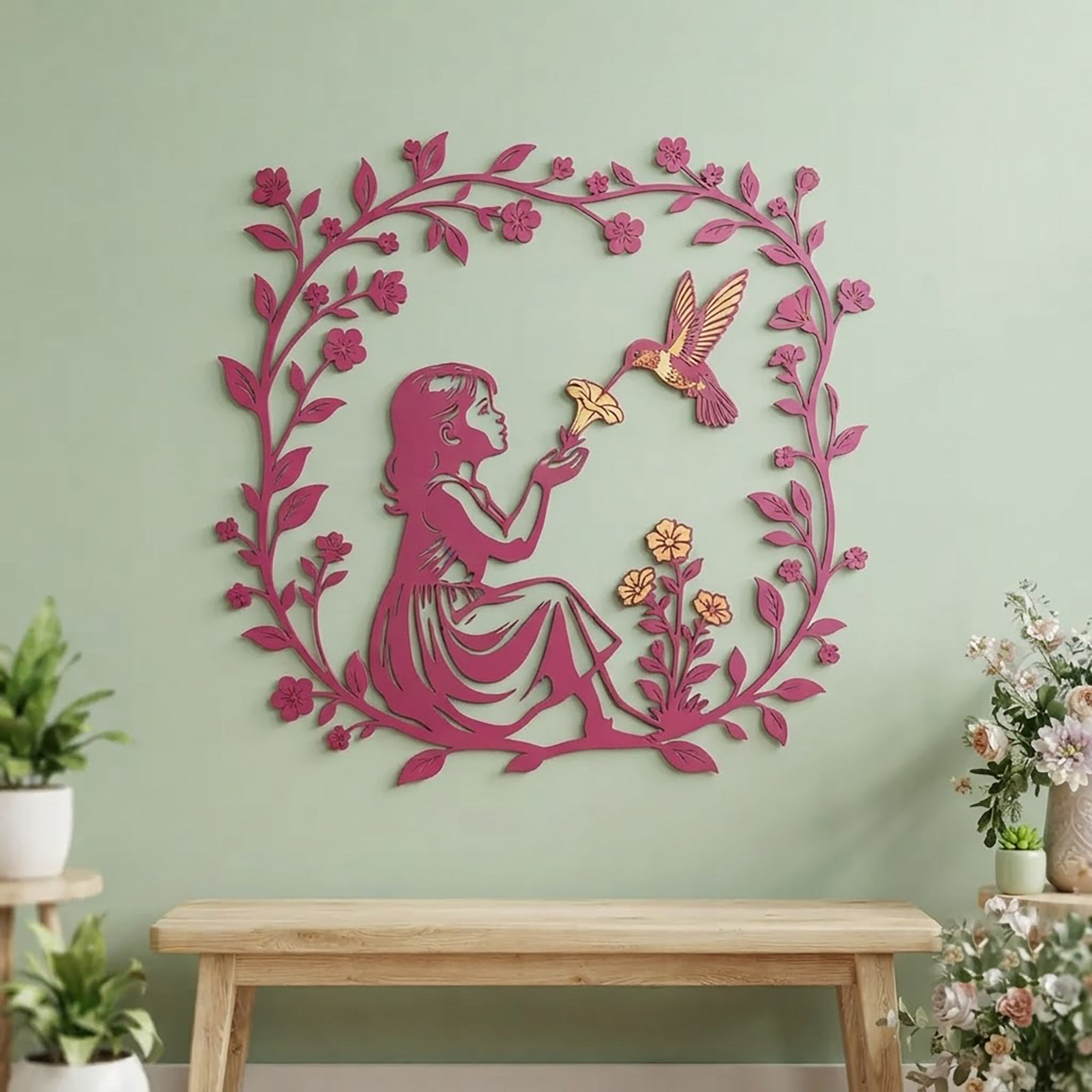 Girl and Hummingbird Metal Wall Art