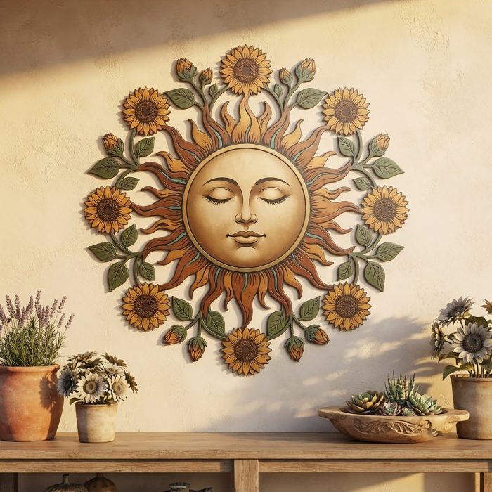 Sun Face and Sunflower Metal Wall Art
