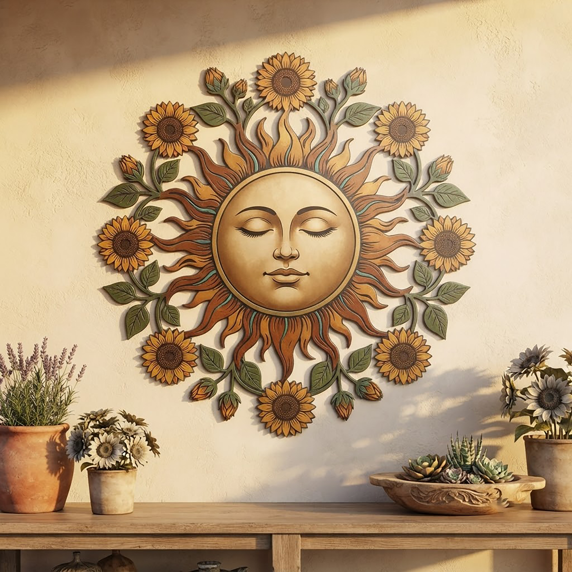Sun Face and Sunflower Metal Wall Art