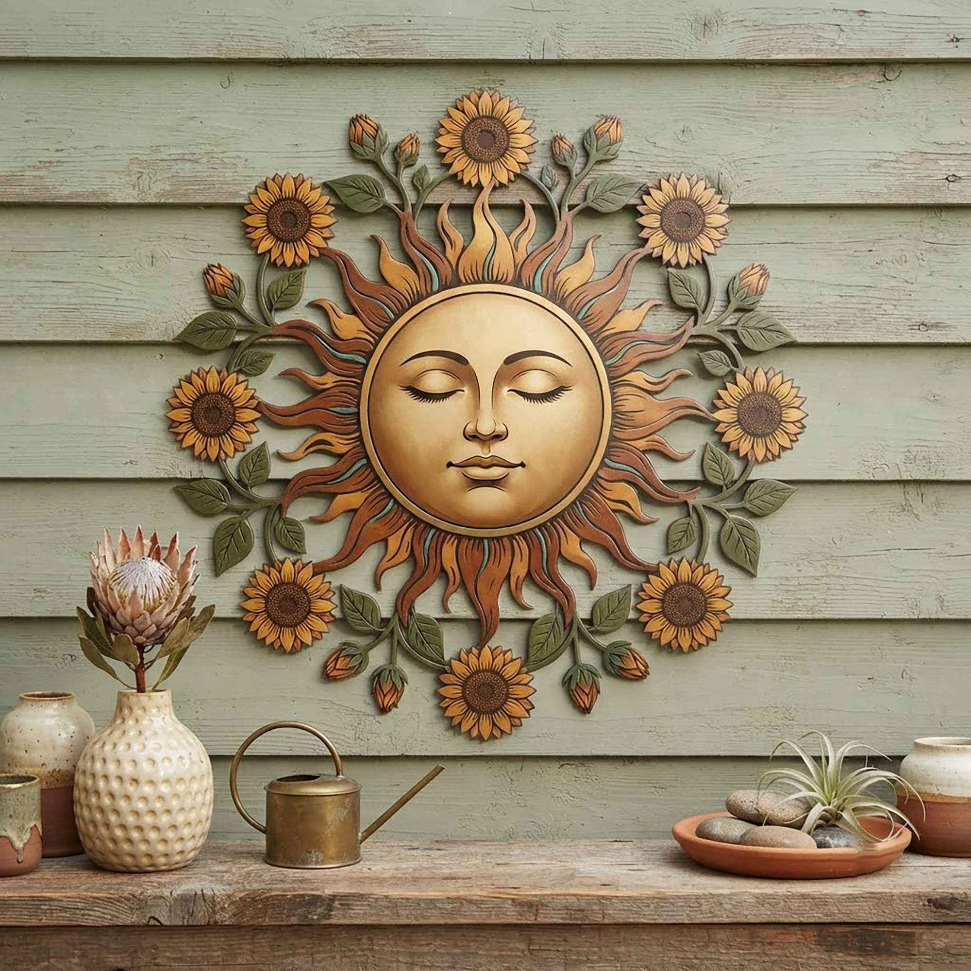 Sun Face and Sunflower Metal Wall Art - product view 2