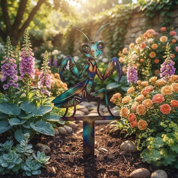 Colorful Praying Mantis Metal Garden Stake