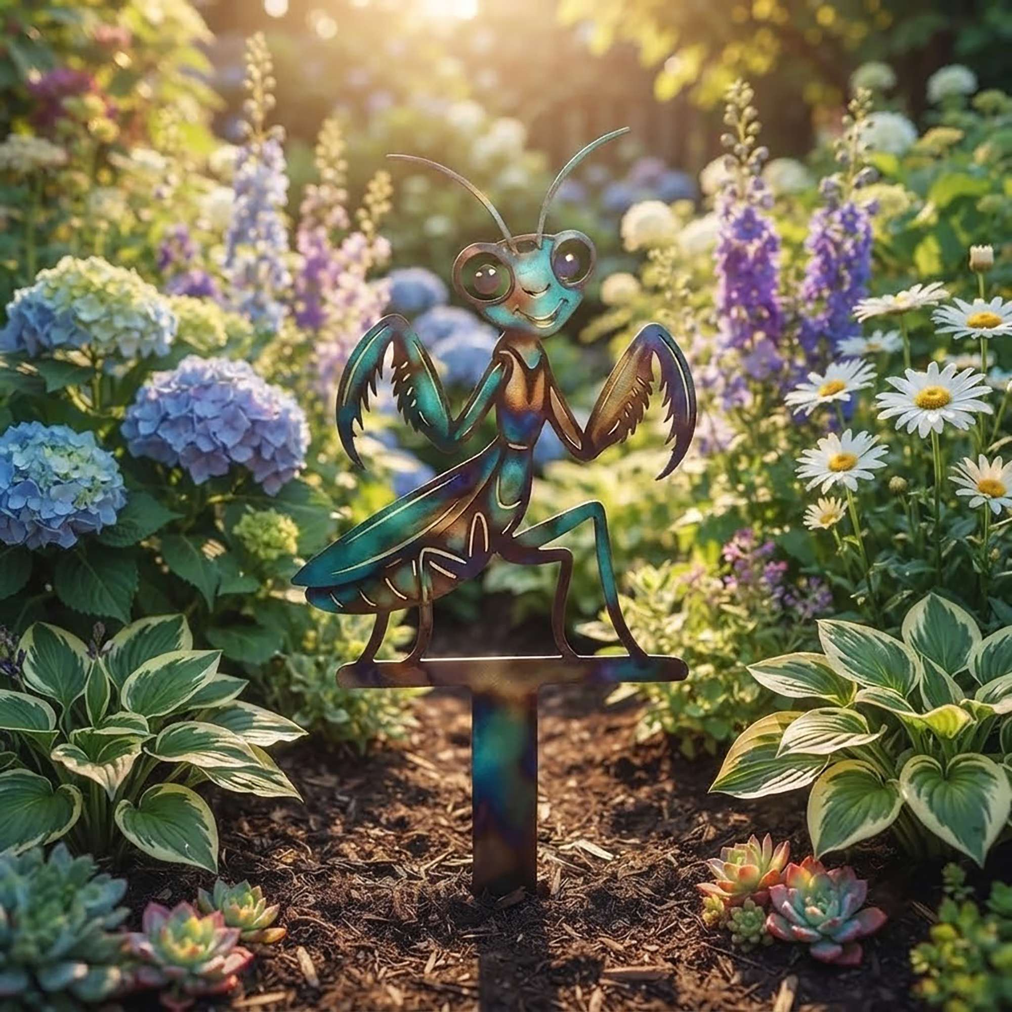 Colorful Praying Mantis Metal Garden Stake - product view 2