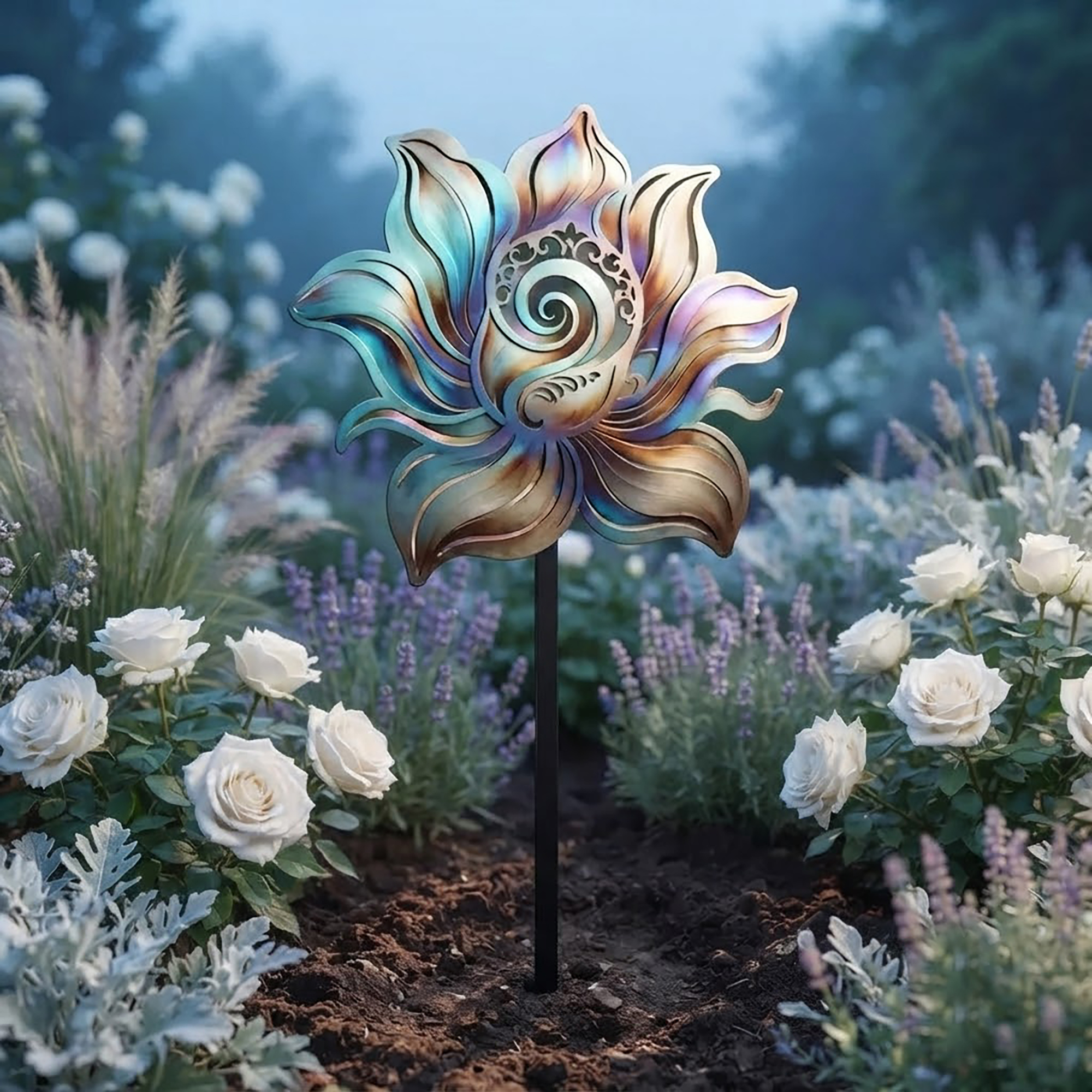 Colorful Lotus Flower Metal Garden Stake