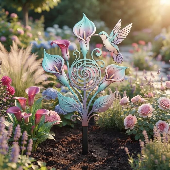 Colorful Hummingbird and Calla Lily Metal Garden Stake
