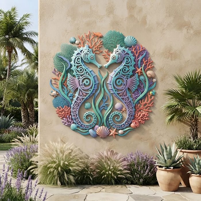 Colorful Seahorse Couple Metal Wall Art