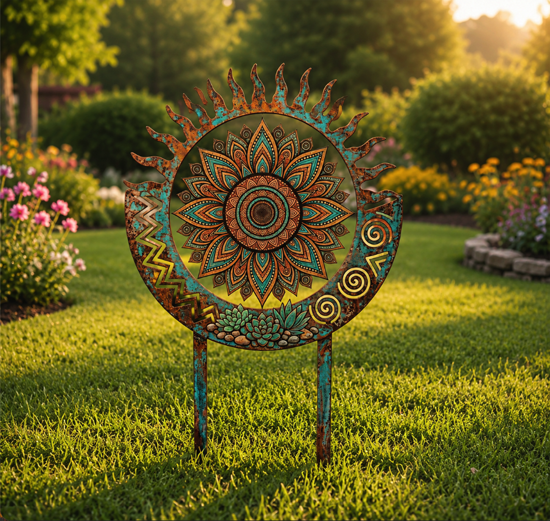 Mandala Sun Metal Garden Stake