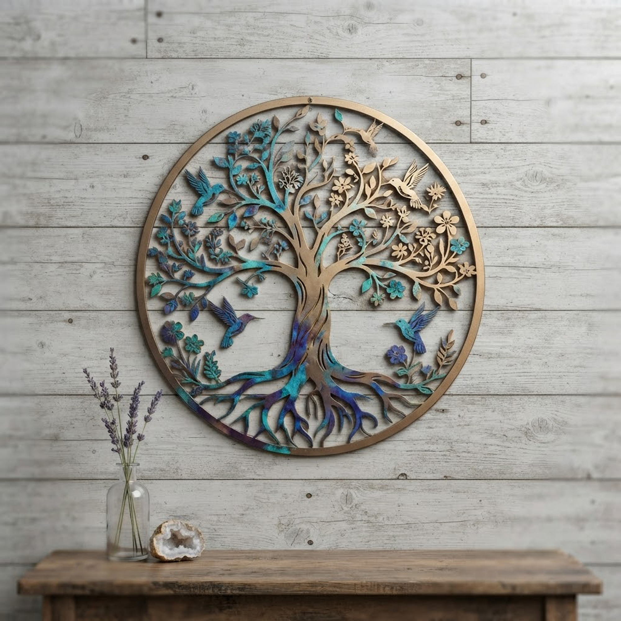 Tree of Life Metal Wall Art with Hummingbirds - product view 2