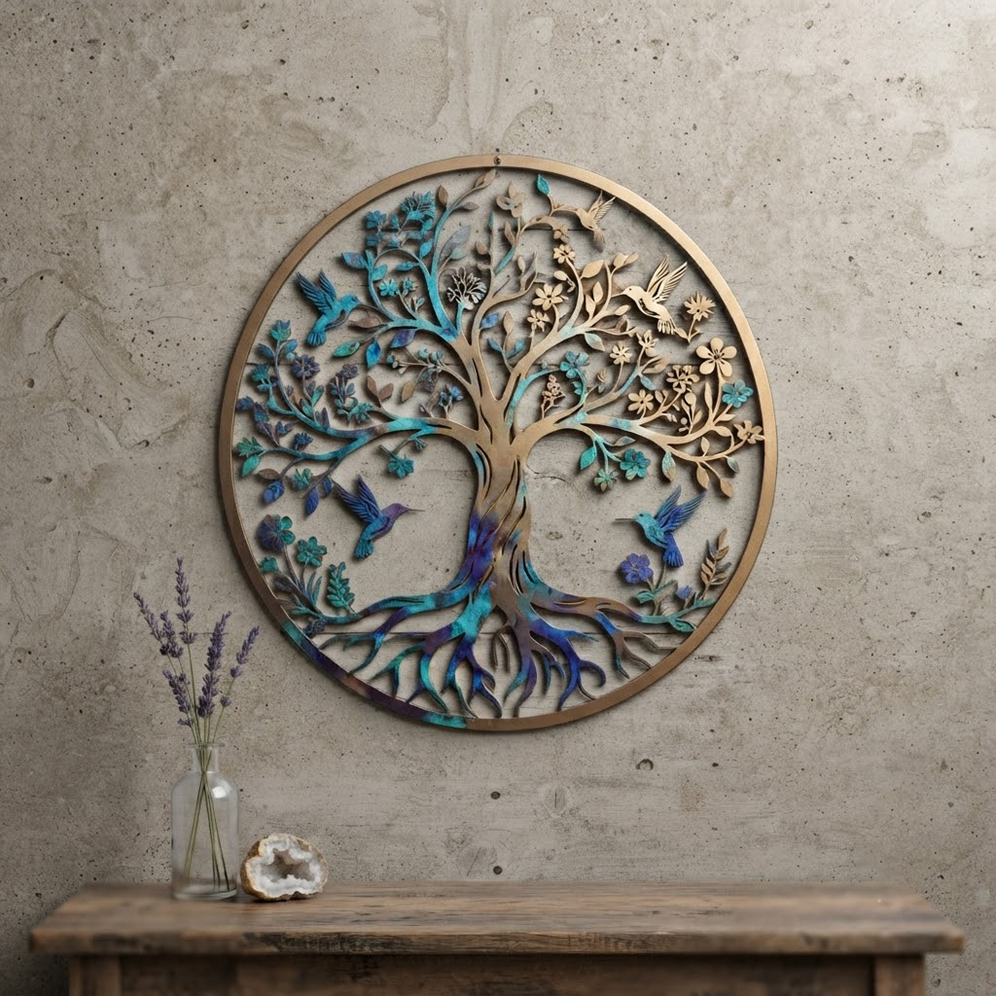 Tree of Life Metal Wall Art with Hummingbirds - product view 3