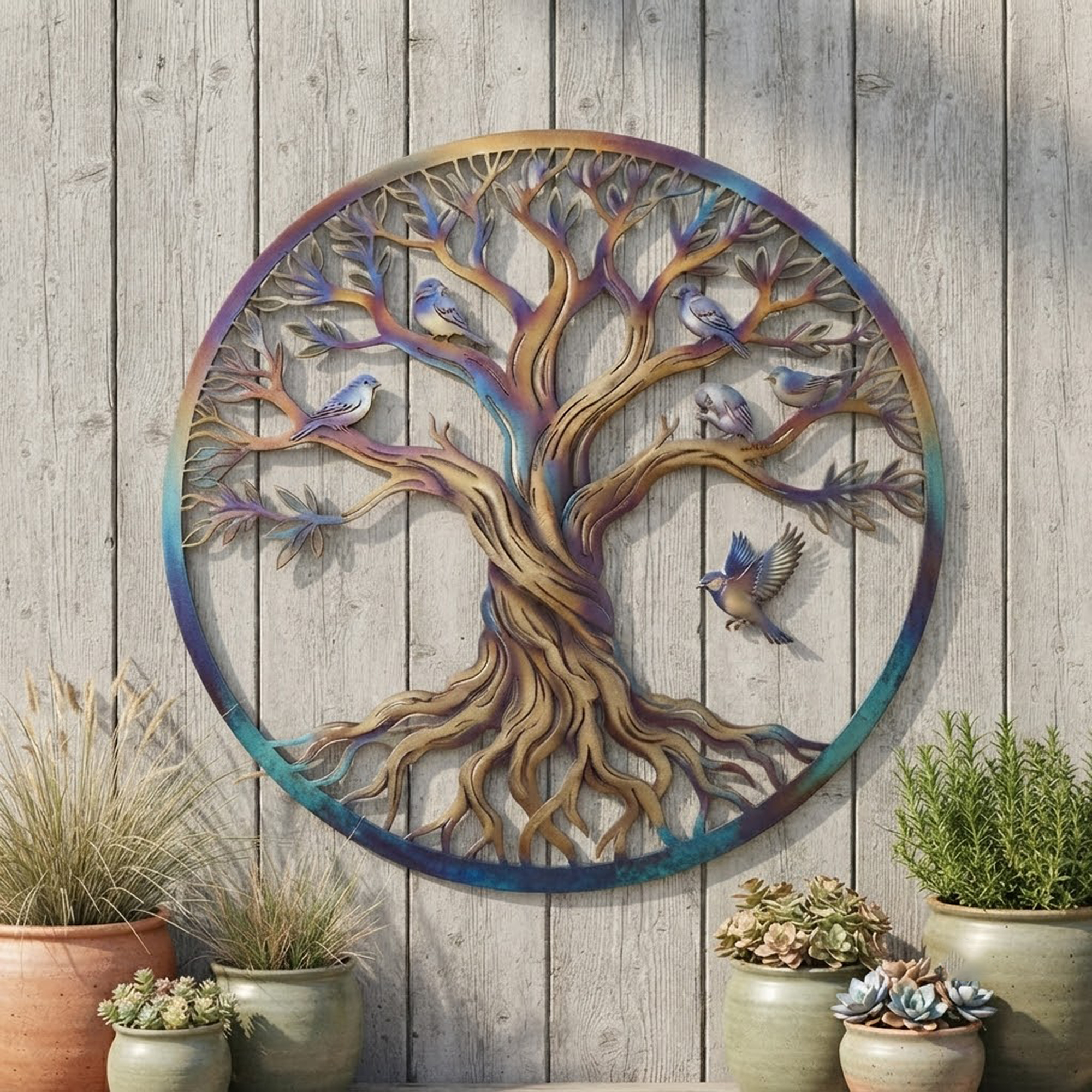 Tree of Life Metal Wall Art with Birds - product view 2