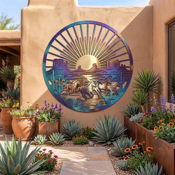 Wild Horses Desert Sunset Metal Wall Art