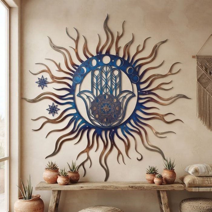 Blue Hamsa Sun Metal Wall Art