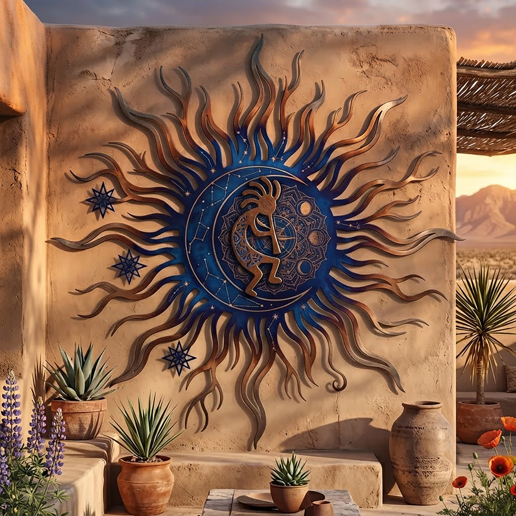 Kokopelli Sun Moon Metal Wall Art