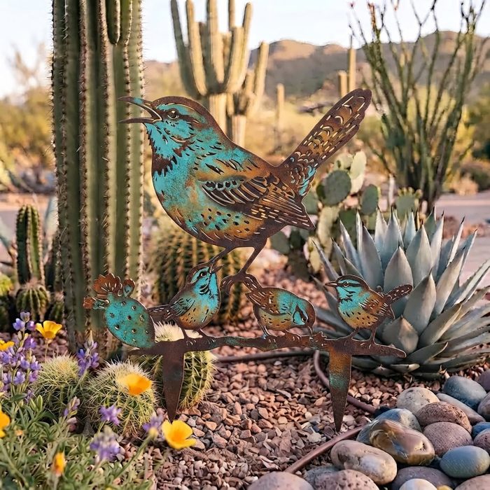 Cactus Wren Family Metal Garden Stake