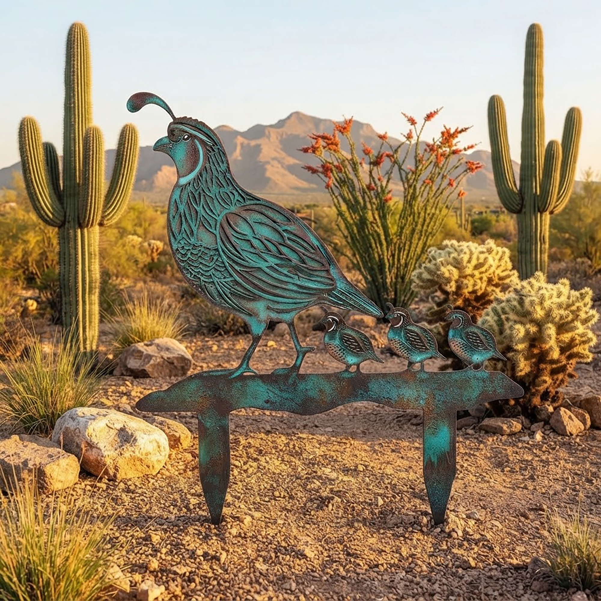 Gambel's Quail Family Metal Garden Stake