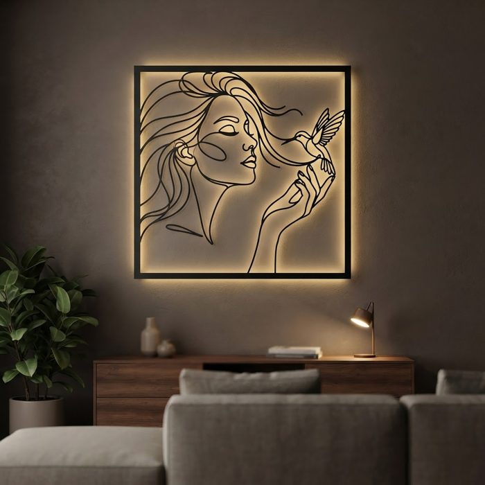 Woman and Hummingbird LED Metal Wall Art