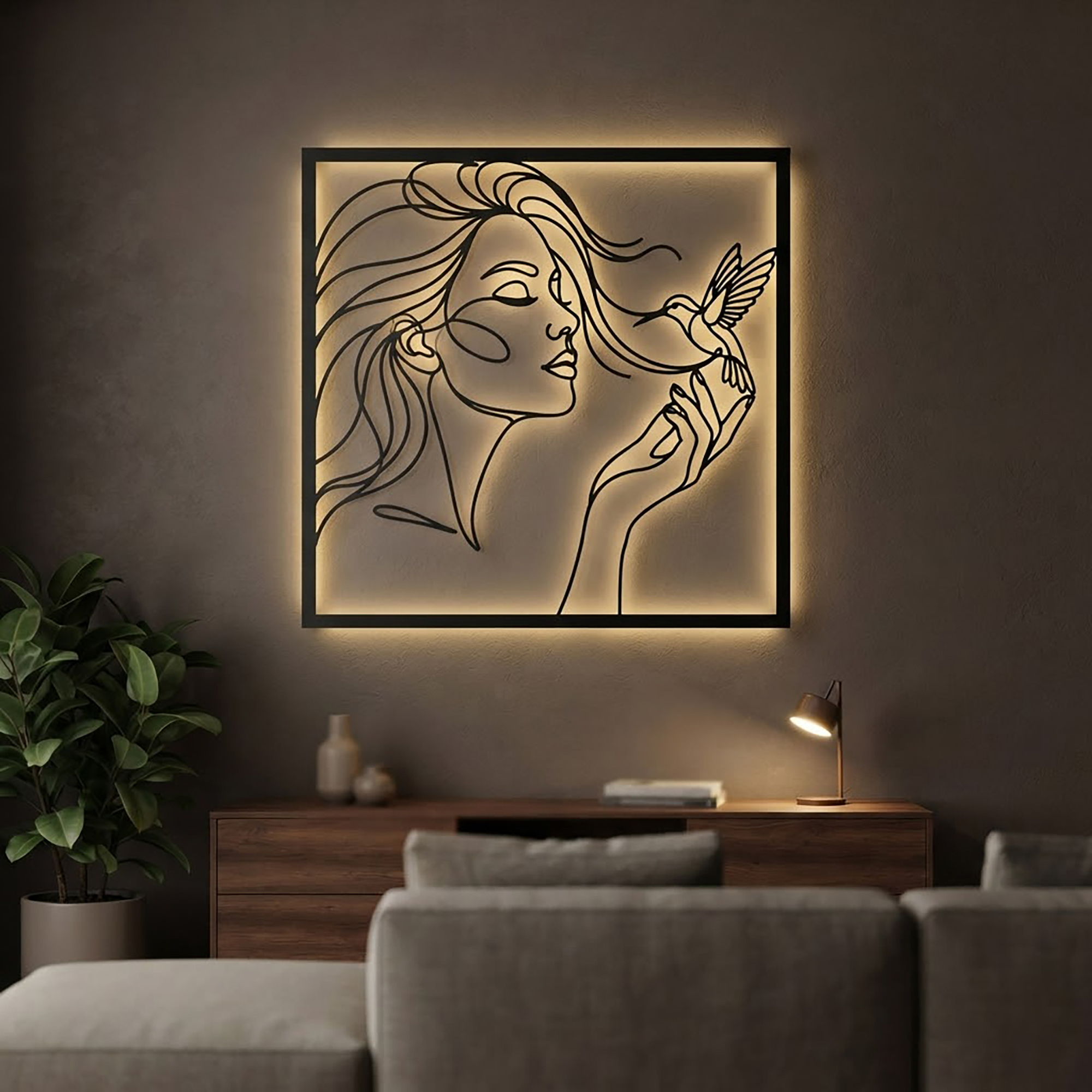 Woman and Hummingbird LED Metal Wall Art