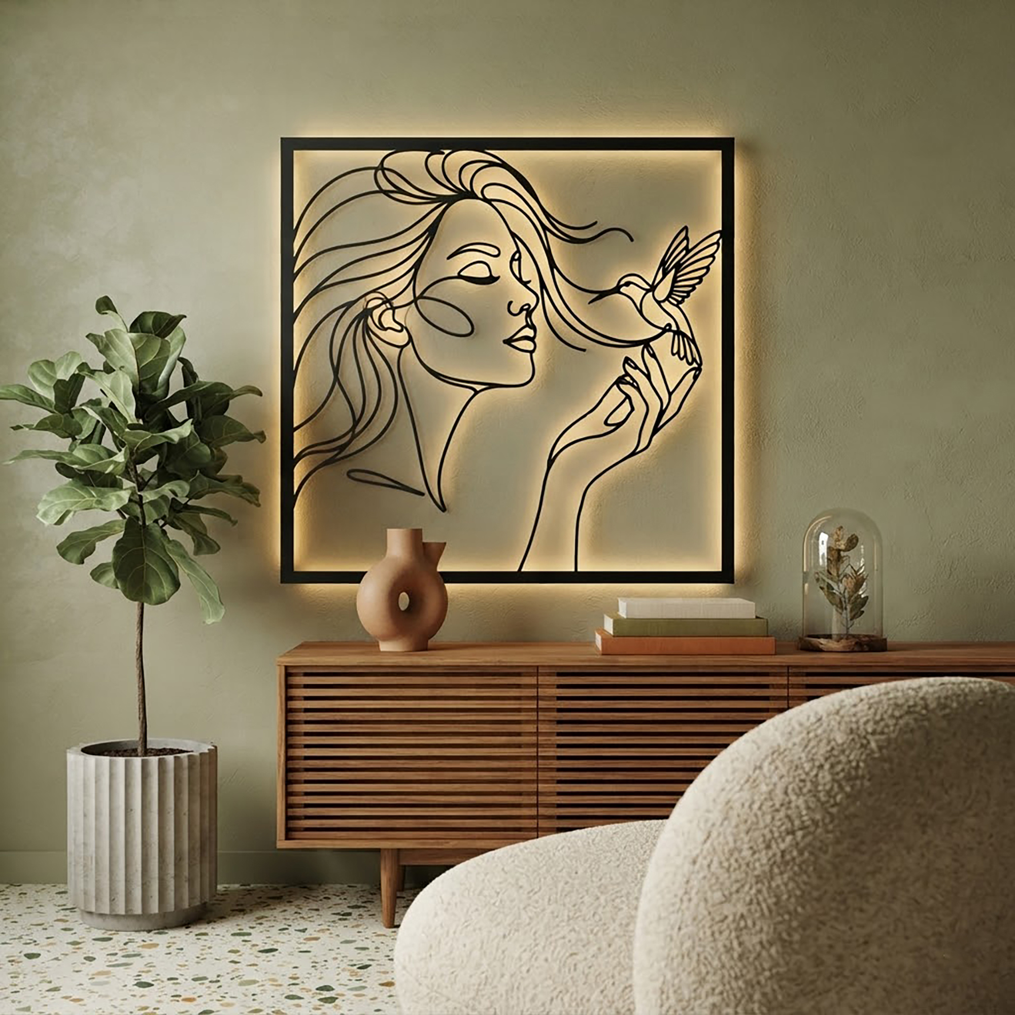 Woman and Hummingbird LED Metal Wall Art - product view 2