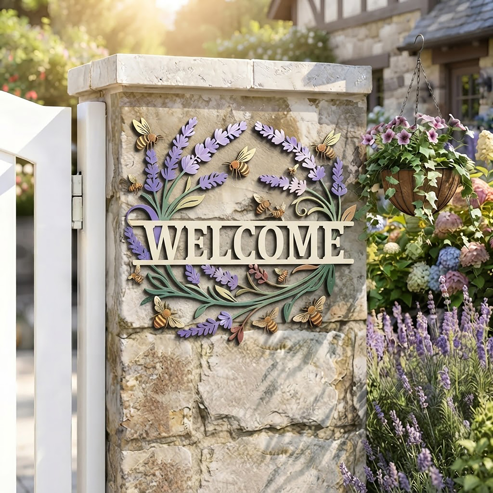 Lavender and Honey Bee Welcome Metal Sign