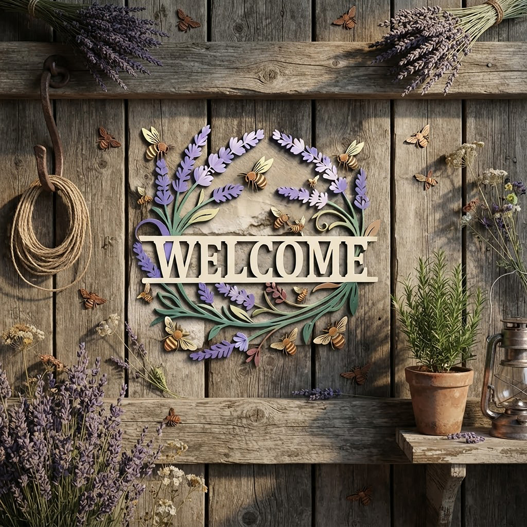 Lavender and Honey Bee Welcome Metal Sign - product view 2